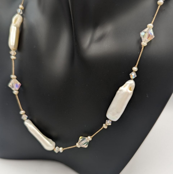 Beautiful Keshi Pearl Aurora Borealis Crystals Sterling Clasp Choker necklace - Picture 4 of 15